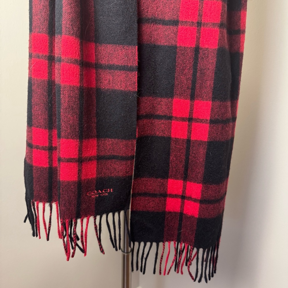 COACH Wool & Cashmere Plaid Winter Tasseled Wrap Scarf RED-BLACK / 12” W x 70” L - Picture 4 of 10